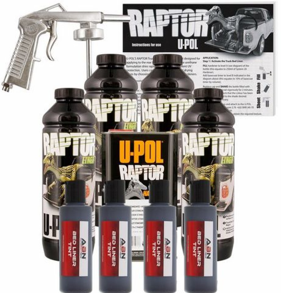 Truck Bed Liner Kits & Products *  | U-Pol Raptor Tintable Black Metallic Bed Liner Kit W/ Spray Gun, 4 Liters Upol